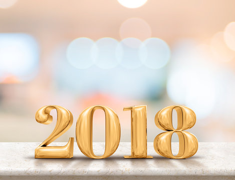 Happy new year 2018 (3d rendering) on marble table top with blur pastel color abstract bokeh background,Holiday greeting card.leave space for adding text.
