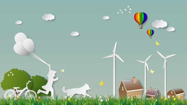 Paper folding art origami style vector illustration. Green renewable energy ecology technology power saving environmentally concepts, girl run and hold balloons with dog to village parks countryside