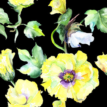 Wildflower eustama flower pattern in a watercolor style. Full name of the plant: eustama. Aquarelle wild flower for background, texture, wrapper pattern, frame or border.