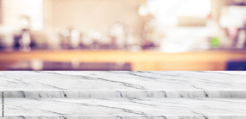 Aufkleber empty step marble table top food stand with blur home kitchen background bokeh light,mock up for dis