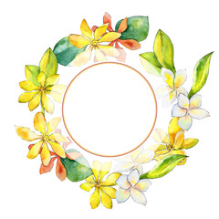 Wildflower gardenia flower wreath in a watercolor style. Full name of the plant: gardenia. Aquarelle wild flower for background, texture, wrapper pattern, frame or border.
