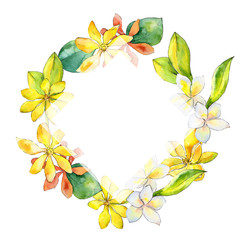 Wildflower gardenia flower wreath in a watercolor style. Full name of the plant: gardenia. Aquarelle wild flower for background, texture, wrapper pattern, frame or border.