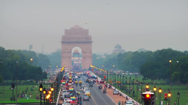 Delhi, India. Time-lapse of Car and people traffic to the India Gate in Delhi in the evening
