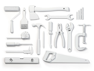 Set of of white tools isolated on white background. Mock up. WIth paths.