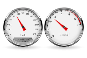 Speedometer and tachometer. Round gage with metal frame