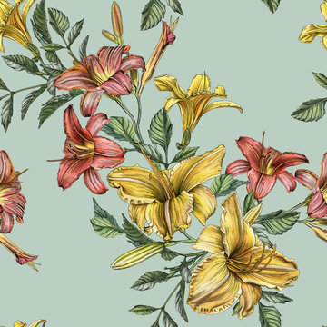 Floral seamless pattern with watercolor daylilies