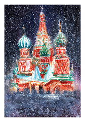 St. Basil's Cathedral Cremlin Church in Moscow. .Snowfall. - 183188160