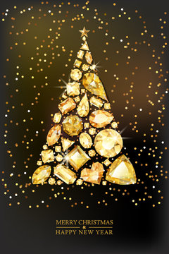 Merry Christmas, Happy New Year greeting card. Vector golden 3d style christmas tree made from gold gems on black background. Holiday banner layout, flyer, poster with various diamonds, jewels.