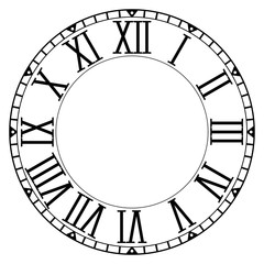 Clock face. Blank clock with roman numerals on white background