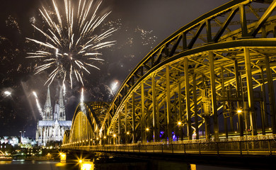 celebrating new year's eve in n Koln, Germany - fireworks around the Cologne cathedral