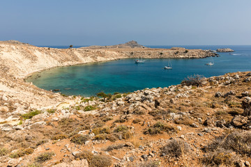 Fototapeta na wymiar Coastline landscape on the way to the Kleoboulous's tomb in Lindos on the Rhodes Island, Greece. 