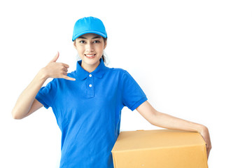Fototapeta na wymiar Young Asian Woman with Delivery service worker in uniform. Woman holding Box with attractive smiling isolated on white background.
