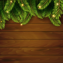 Fototapeta premium Christmas tree top frame on wood plank background. vector illustration