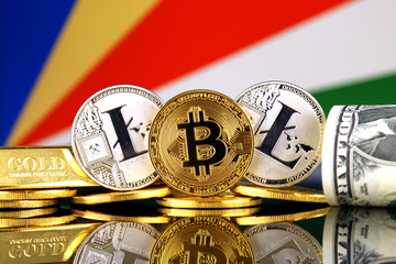 Physical version of Bitcoin, Litecoin, gold, US Dollar and Seychelles Flag. Conceptual image for...