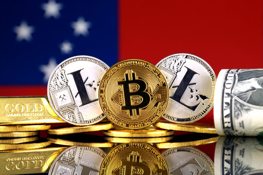 Physical version of Bitcoin, Litecoin, gold, US Dollar and Samoa Flag. Conceptual image for investors in cryptocurrency, gold and dollars.