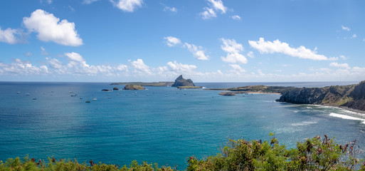 Panoramic aerial view of Porto de Santo Antonio (Santo Antonio Port) and secondary islands  - Fernando de Noronha, Pernambuco, Brazil