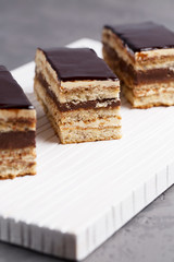 Cake Opera on a gray background, vertical, selective focus