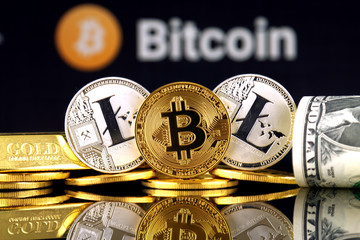 Physical version of Bitcoin and Litecoin, gold, US Dollar. Conceptual image for investors in...