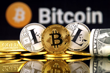 Physical version of Bitcoin and Litecoin, gold, US Dollar. Conceptual image for investors in...