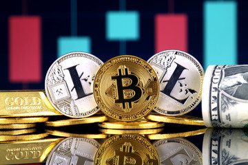 Physical version of Bitcoin and Litecoin, gold, US Dollar. Conceptual image for investors in...