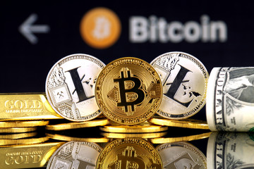 Physical version of Bitcoin and Litecoin, gold, US Dollar. Conceptual image for investors in...