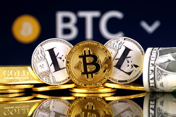 Physical version of Bitcoin and Litecoin, gold, US Dollar. Conceptual image for investors in...