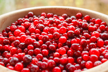 Red berries in a wooden bowl at the window. Ripe berries