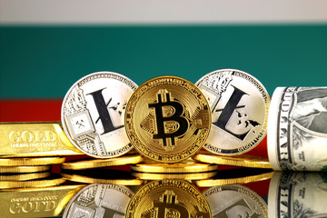 Physical version of Bitcoin, Litecoin, gold, US Dollar and Bulgaria Flag. Conceptual image for...