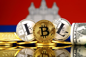 Physical version of Bitcoin, Litecoin, gold, US Dollar and Cambodia Flag. Conceptual image for...