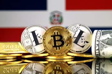 Physical version of Bitcoin, Litecoin, gold, US Dollar and Dominican Republic Flag. Conceptual...