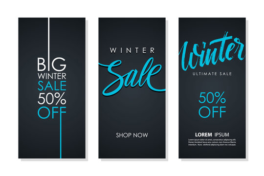 Winter Sale flyers set with hand lettering for business, commerce, promotion and advertising. Discount 50 percent off. Vector illustration.