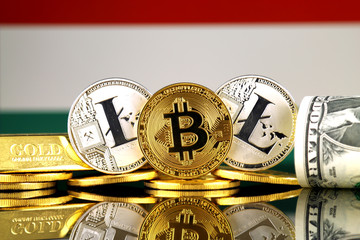Physical version of Bitcoin, Litecoin, gold, US Dollar and Hungary Flag. Conceptual image for...