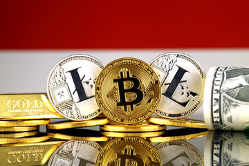 Physical version of Bitcoin, Litecoin, gold, US Dollar and Indonesia Flag. Conceptual image for...