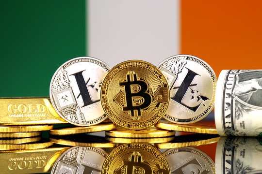 Physical version of Bitcoin, Litecoin, gold, US Dollar and Ireland Flag. Conceptual image for investors in cryptocurrency, gold and dollars.