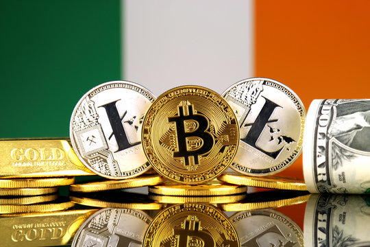 Physical version of Bitcoin, Litecoin, gold, US Dollar and Ireland Flag. Conceptual image for investors in cryptocurrency, gold and dollars.
