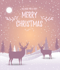 Christmas card. Holiday winter landscape with deer silhouettes. Winter christmas background with fir tree. Merry Christmas handdraw style lettering . Vector illustration. EPS 10