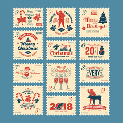 Obraz premium Merry Christmas and Happy New Year 2018 retro postage stamp with Santa Claus,