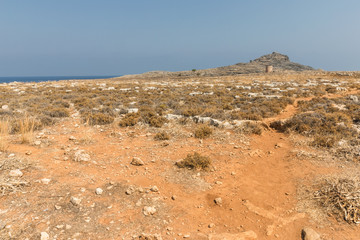 Stony landscape on the way to the Kleoboulous's tomb in Lindos on the Rhodes Island, Greece. 