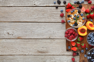 Tasty pastry, fruits and berries on rustic wood, top view