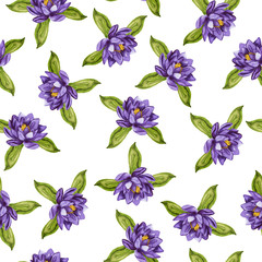Seamless pattern with violet lotus flowers and green leaves on white background. Hand drawn watercolor illustration.
