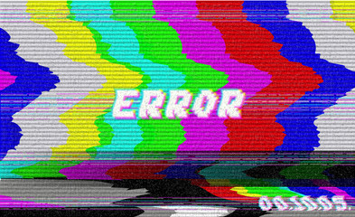 Error VHS vector phrase in pixel art style with screen glitch VHS static noise effect. Three colors illustration. Retro vintage TV television disturbances screen. Basic platform. Occasional pixels.