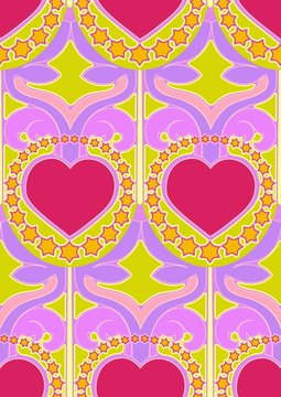 Seamless Design Of Hearts And Stars In Sixties Hippy Style, Nod To Peter Max