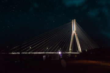 Cable-stayed bridge close-up at night