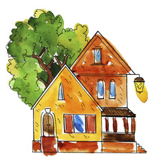 European urban house and old tree painted by watercolor and ink. Hand drawn illustration.