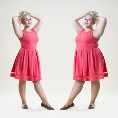 After before loss weight concept, happy plus size fashion model, sexy fat and slim woman