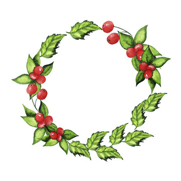 Christmas decorative garland with green leaves and red berries on white background. Hand drawn watercolor illustration. Design for logo, greeting card or invitation.