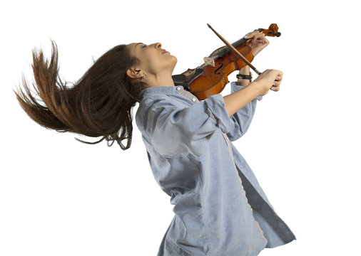 Woman playing violin on white background