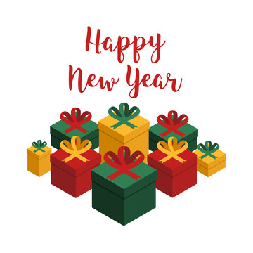 Colorful festive vector card with gifts and congratulatory text happy new year. Set of boxes with gifts Isolated from white background in Isometric
