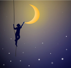Obraz na płótnie Canvas boy hanging on the rope and touching the moon, on the heavens, dream,