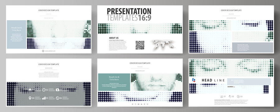 Business templates in HD format for presentation slides. Abstract design vector layouts. Halftone dotted background, retro style grungy pattern, vintage texture. Halftone effect, black dots on white.